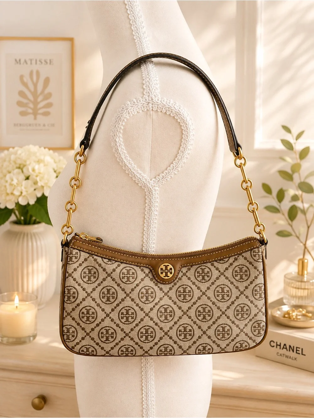 Tory Burch T Monogram Jacquard Shoulder Crossbody Bag Brown Gold